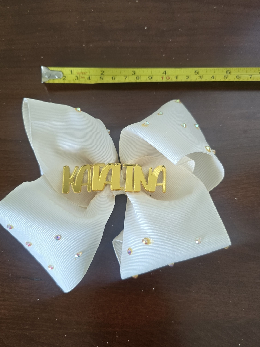 Handmade Large Ivory Hair Bow with Custom Gold Name "Katalina"